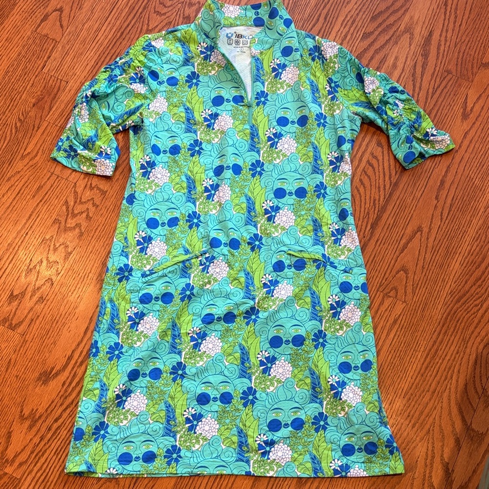 IBKUL Nadia jade/lime print ruched elbow sleeve mock golf dress